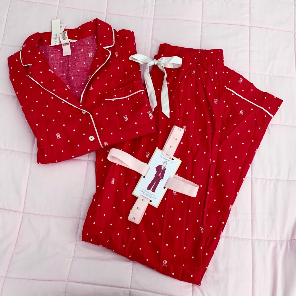 NWT Victoria Secret Flannel Long Pajama Set Lipstick Logo Dots XS